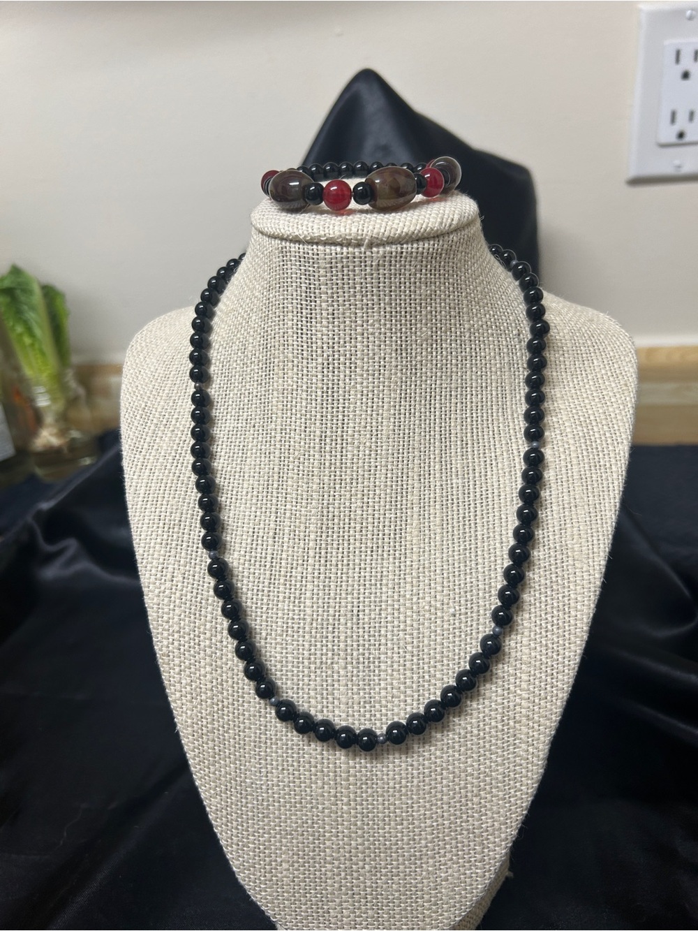 Black Beaded Necklace and matching Bracelet Set